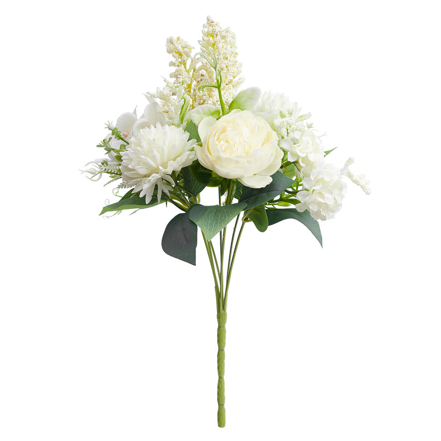Silk Artificial Flower Bouquet - Philippine Roses, Peonies, Dandelion Flower Balls & Foliage (Cream White)