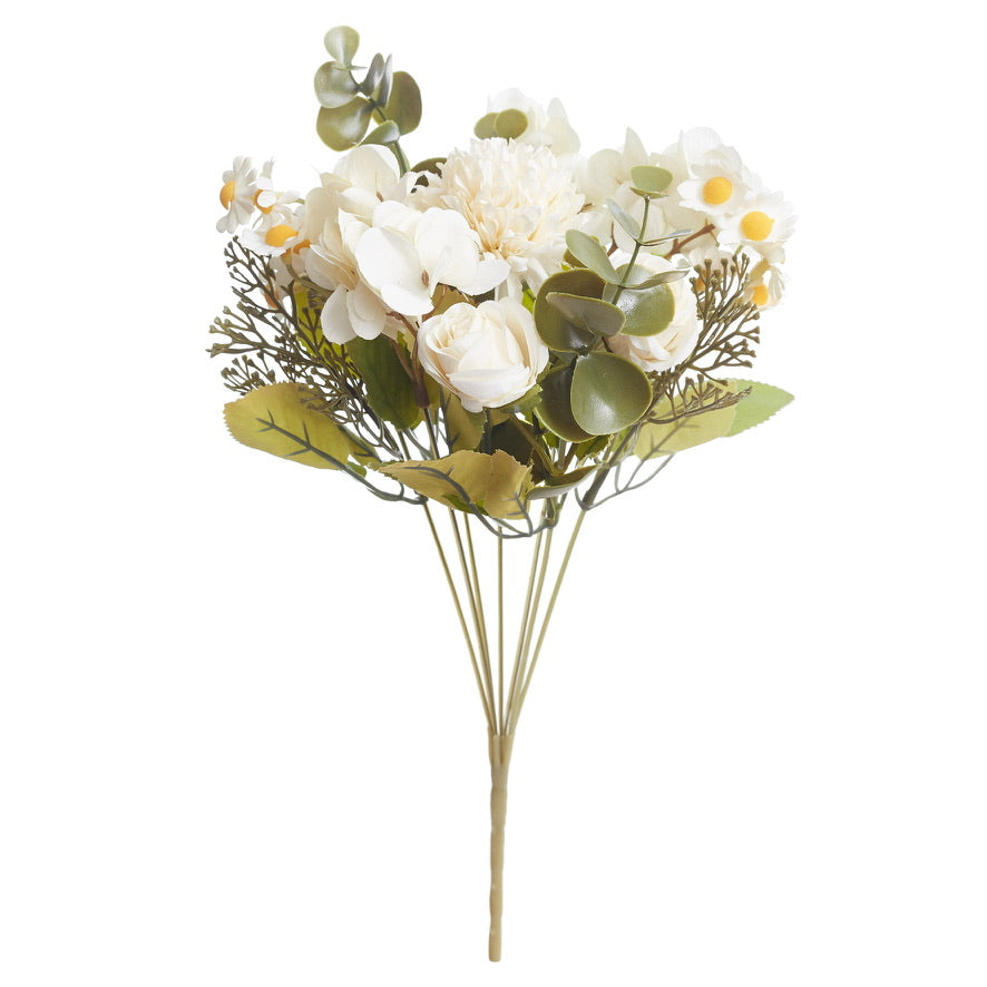 Mixed Artificial Silk Flower Bouquet - Rose, Dandelion, Hydrangea, Daisy, Eucalyptus & Foilage (Cream White)