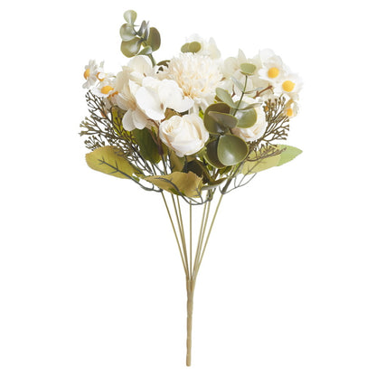 Mixed Artificial Silk Flower Bouquet - Rose, Dandelion, Hydrangea, Daisy, Eucalyptus & Foilage (Cream White)