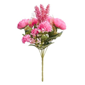 Silk Artificial Flower Bouquet - Philippine Roses, Peonies, Dandelion Flower Balls & Foliage (Hot Pink)