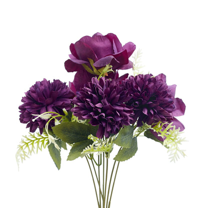 Mixed Artificial Silk Flower Bouquet - Modern Rose, Dandelions & Foliage (Dark Berry)