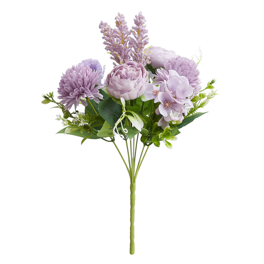 Silk Artificial Flower Bouquet - Philippine Roses, Peonies, Dandelion Flower Balls & Foliage (Lavender)
