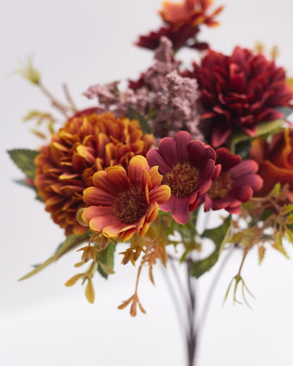 Mixed Artificial Silk Flower Bouquet - Rose, Dandelion, Daisy & Foliage (Orange Coffee)