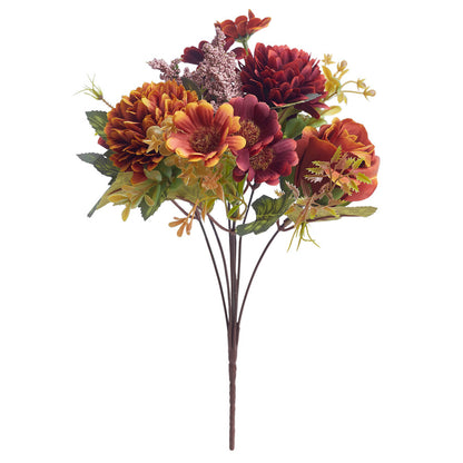 Mixed Artificial Silk Flower Bouquet - Rose, Dandelion, Daisy & Foliage (Orange Coffee)