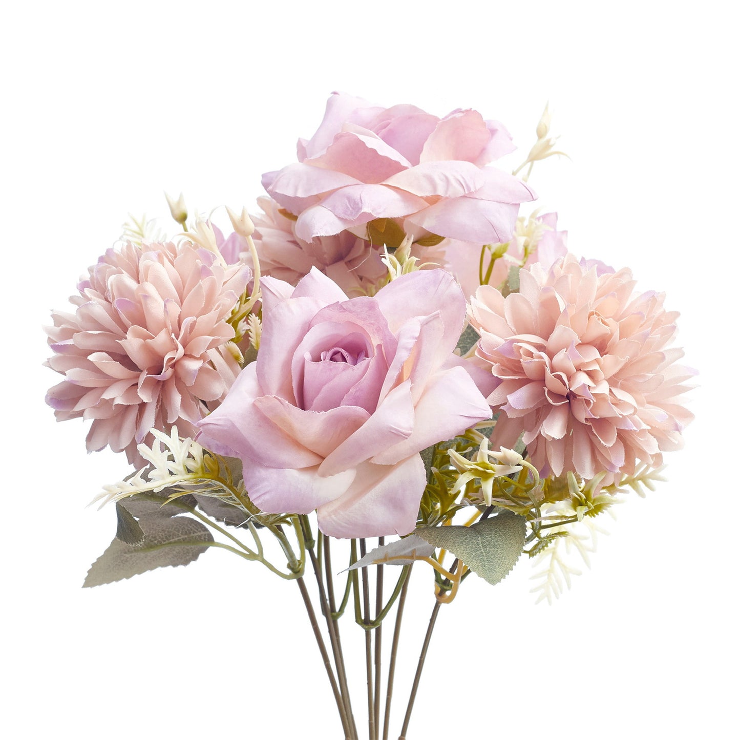Mixed Artificial Silk Flower Bouquet - Modern Rose, Dandelions & Foliage (Lilac & Cream)