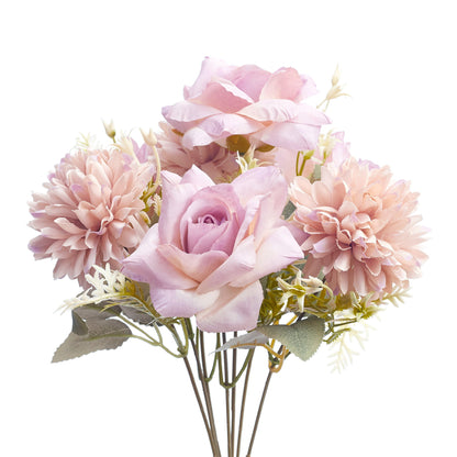 Mixed Artificial Silk Flower Bouquet - Modern Rose, Dandelions & Foliage (Lilac & Cream)