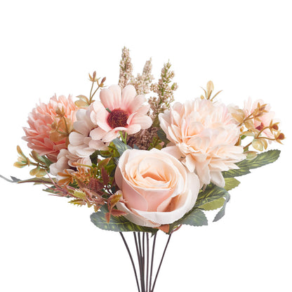 Mixed Artificial Silk Flower Bouquet - Rose, Dandelion, Daisy & Foliage (Peach Blossom)