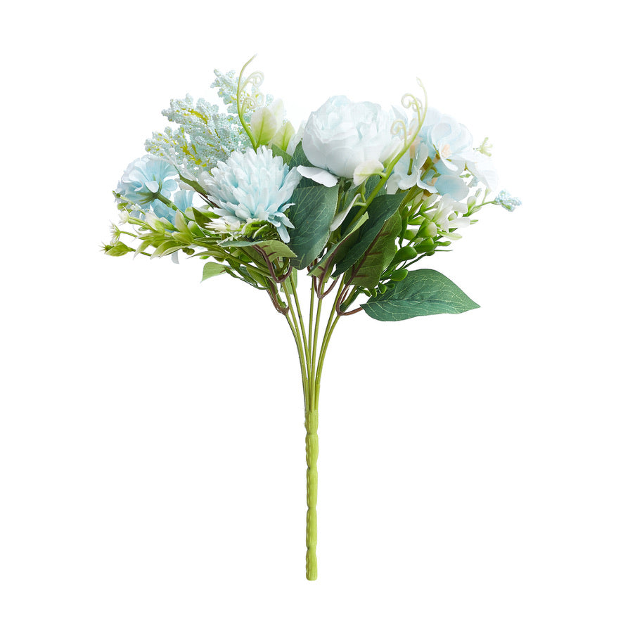 Silk Artificial Flower Bouquet - Philippine Roses, Peonies, Dandelion Flower Balls & Foliage (Cool Blue)