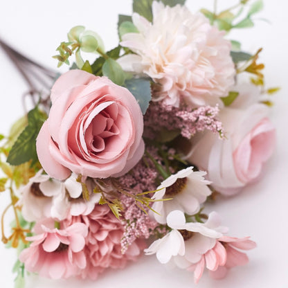 Mixed Artificial Silk Flower Bouquet - Rose, Dandelion, Daisy & Foliage (Pink Sortbet)