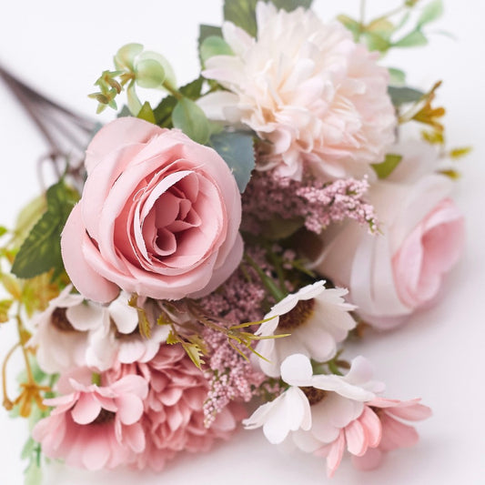 Mixed Artificial Silk Flower Bouquet - Rose, Dandelion, Daisy & Foliage (Pink Sortbet)