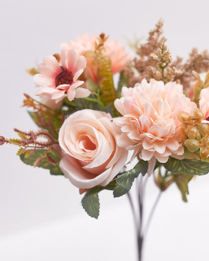 Mixed Artificial Silk Flower Bouquet - Rose, Dandelion, Daisy & Foliage (Peach Blossom)