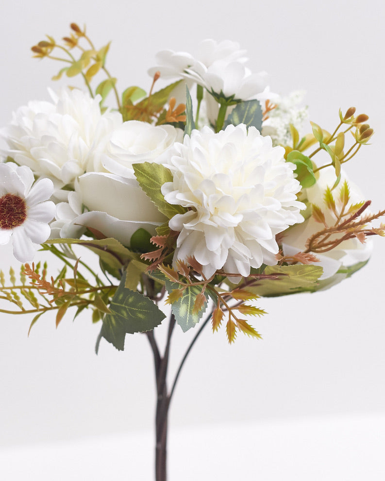 Mixed Artificial Silk Flower Bouquet - Rose, Dandelion, Daisy & Foliage (Cool White)