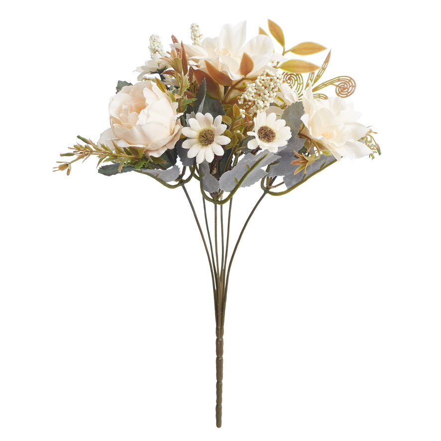 Mixed Artificial Silk Flower Bouquet - Peonies, Dahlia Roses, Daises & Foilage (Cream Champagne)