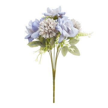 Mixed Artificial Silk Flower Bouquet - Modern Rose, Dandelions & Foliage (Dusty Blue)