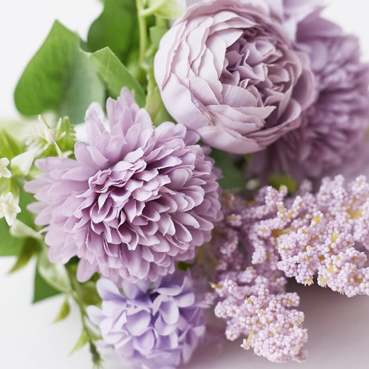 Silk Artificial Flower Bouquet - Philippine Roses, Peonies, Dandelion Flower Balls & Foliage (Lavender)