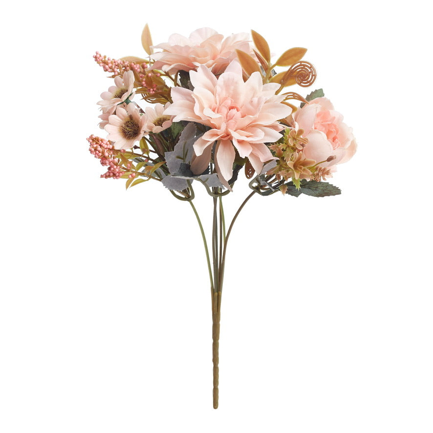 Mixed Artificial Silk Flower Bouquet - Peonies, Dahlia Roses, Daises & Foilage (Strawberry Pink)