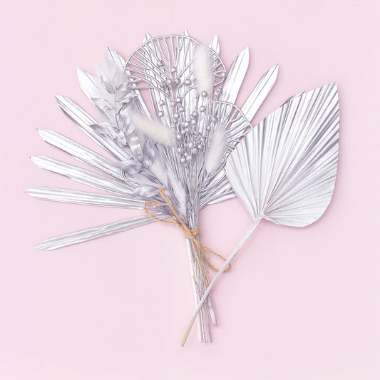 Dried Sun Palm Bouquets (with Palm Spear & Gingko Leaves) (White & Silver Set)