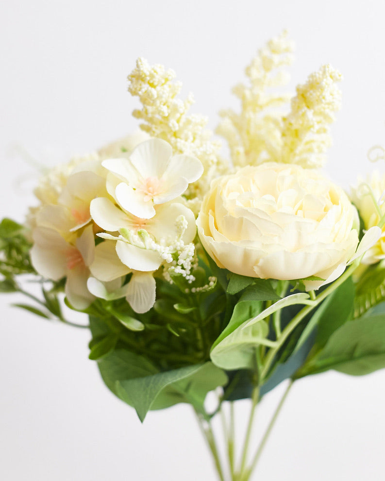 Silk Artificial Flower Bouquet - Philippine Roses, Peonies, Dandelion Flower Balls & Foliage (Lemon)