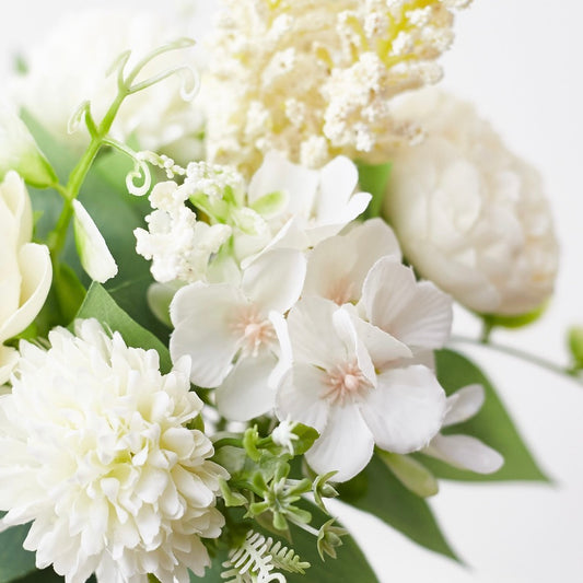 Silk Artificial Flower Bouquet - Philippine Roses, Peonies, Dandelion Flower Balls & Foliage (Cream White)