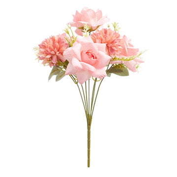Mixed Artificial Silk Flower Bouquet - Modern Rose, Dandelions & Foliage (Sweet Pink)