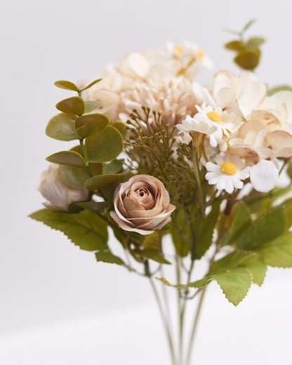 Mixed Artificial Silk Flower Bouquet - Rose, Dandelion, Hydrangea, Daisy, Eucalyptus & Foilage (Café Latte)