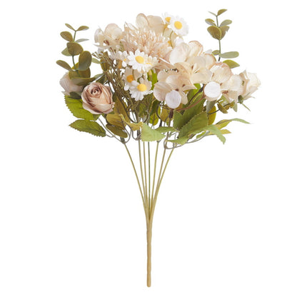 Mixed Artificial Silk Flower Bouquet - Rose, Dandelion, Hydrangea, Daisy, Eucalyptus & Foilage (Café Latte)