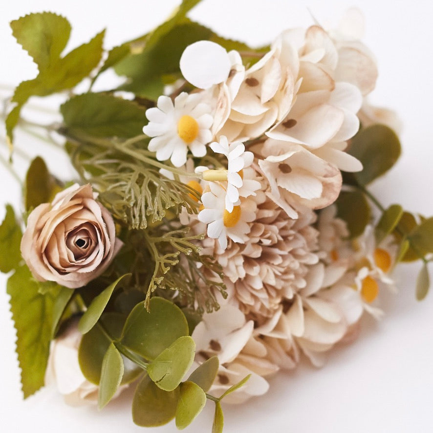 Mixed Artificial Silk Flower Bouquet - Rose, Dandelion, Hydrangea, Daisy, Eucalyptus & Foilage (Café Latte)