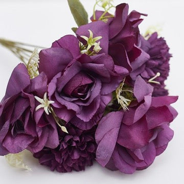 Mixed Artificial Silk Flower Bouquet - Modern Rose, Dandelions & Foliage (Dark Berry)