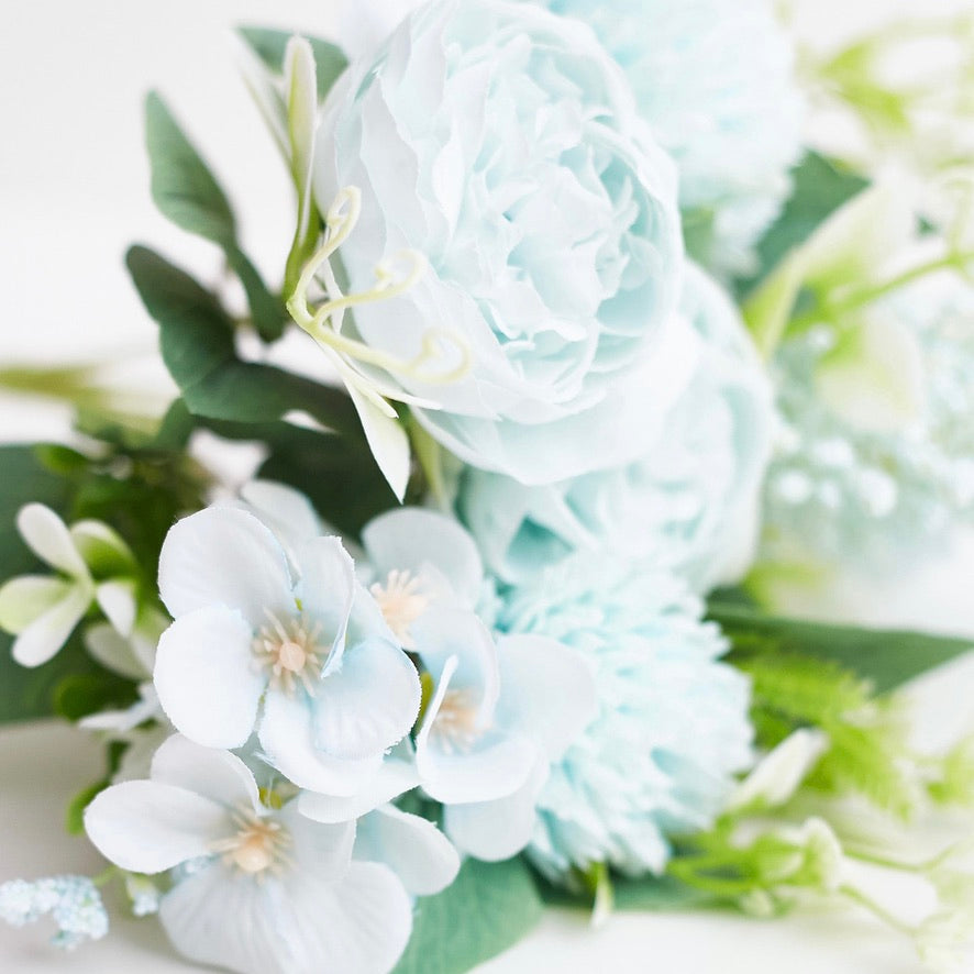 Silk Artificial Flower Bouquet - Philippine Roses, Peonies, Dandelion Flower Balls & Foliage (Cool Blue)