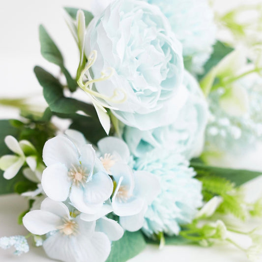 Silk Artificial Flower Bouquet - Philippine Roses, Peonies, Dandelion Flower Balls & Foliage (Cool Blue)