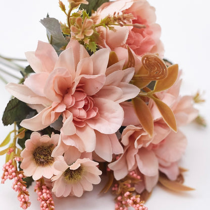 Mixed Artificial Silk Flower Bouquet - Peonies, Dahlia Roses, Daises & Foilage (Strawberry Pink)