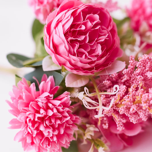 Silk Artificial Flower Bouquet - Philippine Roses, Peonies, Dandelion Flower Balls & Foliage (Hot Pink)