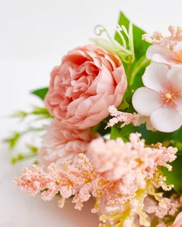Silk Artificial Flower Bouquet - Philippine Roses, Peonies, Dandelion Flower Balls & Foliage (Coral Pink)