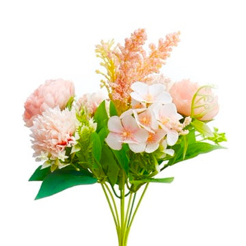 Silk Artificial Flower Bouquet - Philippine Roses, Peonies, Dandelion Flower Balls & Foliage (Coral Pink)