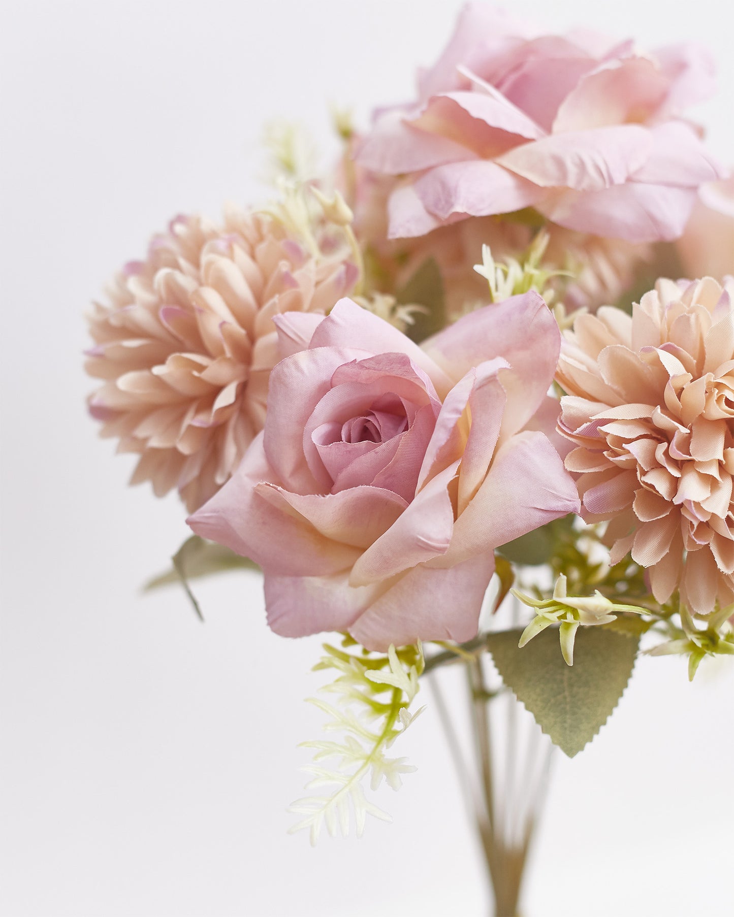 Mixed Artificial Silk Flower Bouquet - Modern Rose, Dandelions & Foliage (Lilac & Cream)