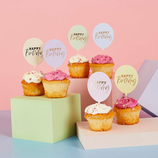 Pastel 'Happy Birthday' Balloon Food Picks - Pack of 12