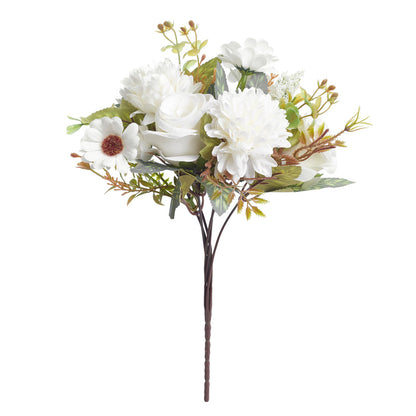 Mixed Artificial Silk Flower Bouquet - Rose, Dandelion, Daisy & Foliage (Cool White)
