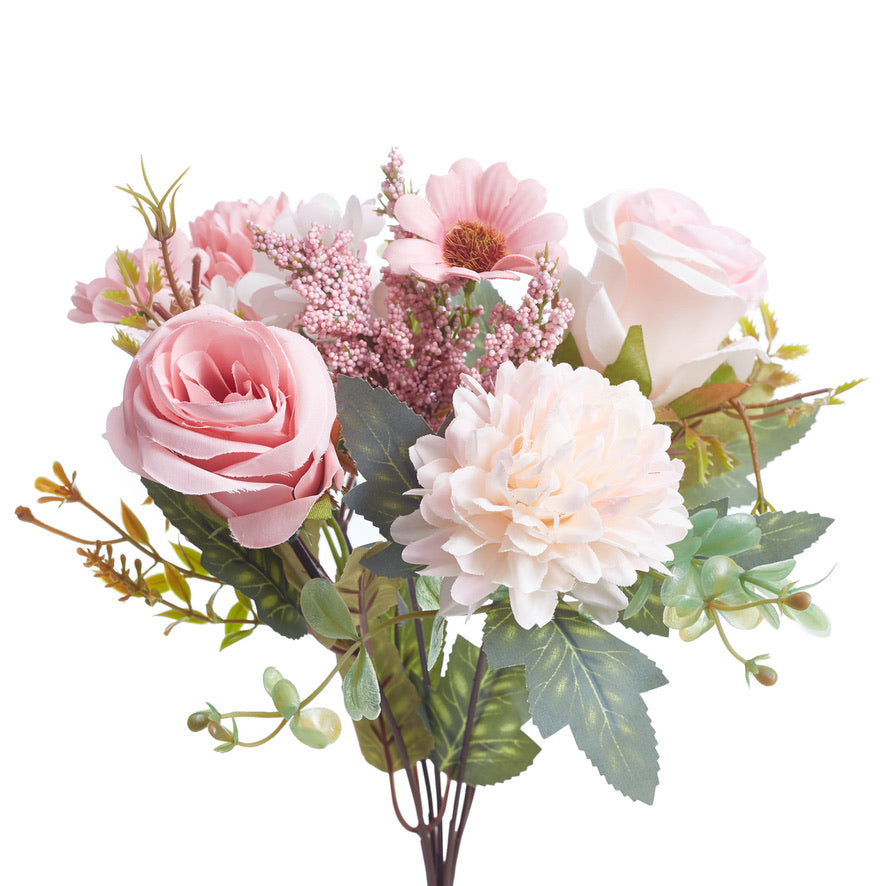 Mixed Artificial Silk Flower Bouquet - Rose, Dandelion, Daisy & Foliage (Pink Sortbet)