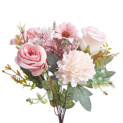 Mixed Artificial Silk Flower Bouquet - Rose, Dandelion, Daisy & Foliage (Pink Sortbet)