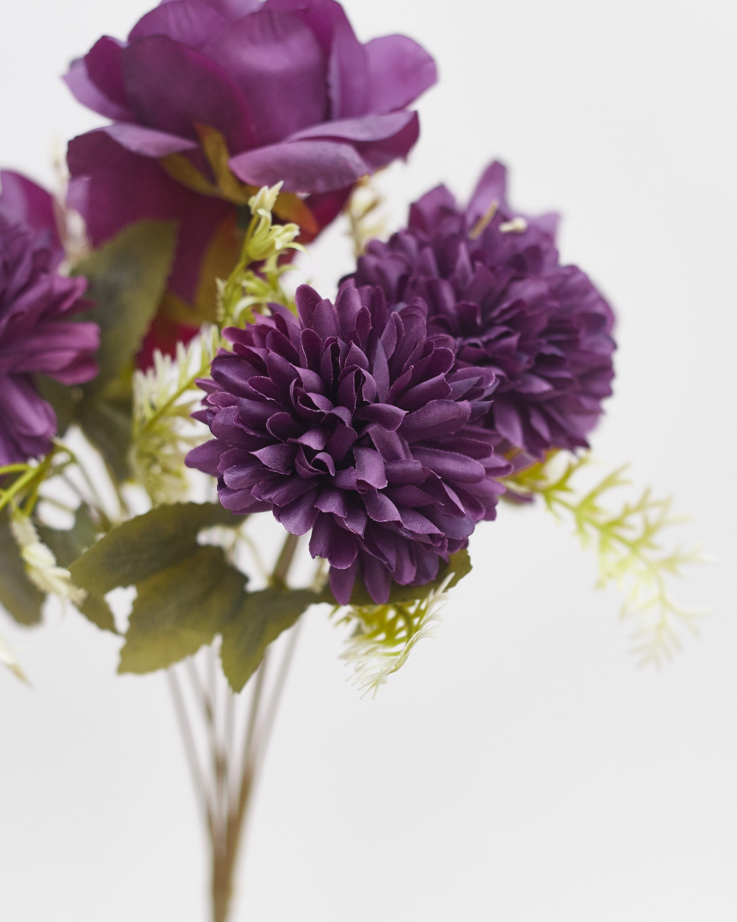 Mixed Artificial Silk Flower Bouquet - Modern Rose, Dandelions & Foliage (Dark Berry)