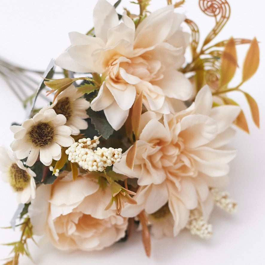 Mixed Artificial Silk Flower Bouquet - Peonies, Dahlia Roses, Daises & Foilage (Cream Champagne)