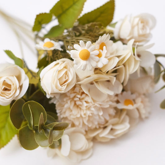 Mixed Artificial Silk Flower Bouquet - Rose, Dandelion, Hydrangea, Daisy, Eucalyptus & Foilage (Cream White)