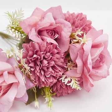 Mixed Artificial Silk Flower Bouquet - Modern Rose, Dandelions & Foliage (Rose Pink)