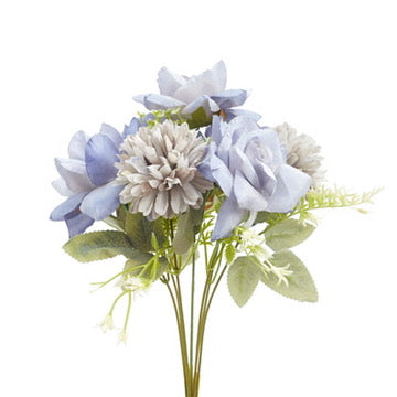 Mixed Artificial Silk Flower Bouquet - Modern Rose, Dandelions & Foliage (Dusty Blue)