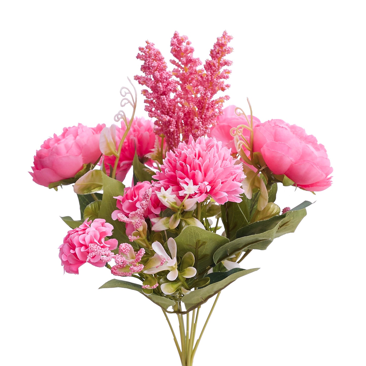 Silk Artificial Flower Bouquet - Philippine Roses, Peonies, Dandelion Flower Balls & Foliage (Hot Pink)